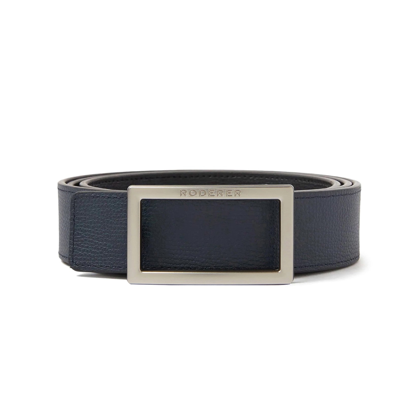 Ace Reversible Belt > Italian Leather Black & Blue / Black Matt & Silver Matt Buckles