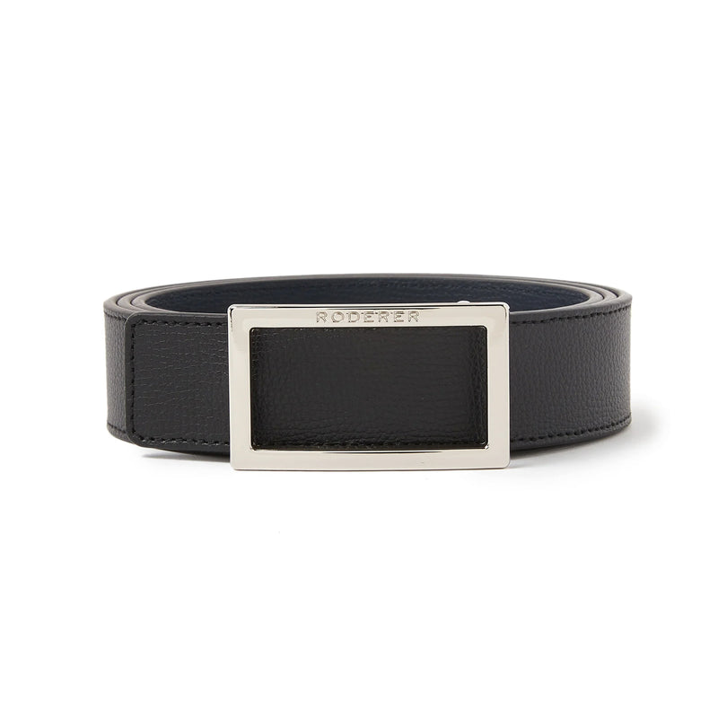 ACE REVERSIBLE BELT > ITALIAN LEATHER BLACK & BLUE / SILVER BUCKLE