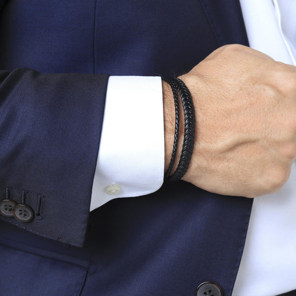 Enzo Bracelet > Woven Leather 2 Line Black